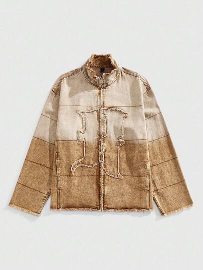 Street Life Men's Gradient Frayed Hem Zip-Up Collar Denim Jacket