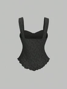 Sweetra 女士蝴蝶结纹理印花短款吊带背心 - 黑色 - 查看 2