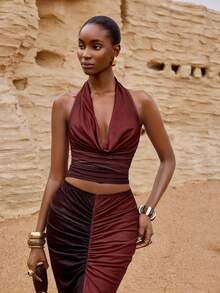 Zivah Summer Vacation Holiday Brown Stripe 2 Pieces Set,Seksi Chic Draped Neck Tie-Up Top & Ruched Long Slit Skirt,Tie-Dye Ombre Print 's Wear - Brown - View 6