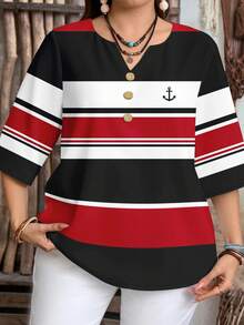 EMERY ROSE Plus Size Casual Striped Colorblock Black, White, Red Shirt, Suitable For Summer - Multicolor - View 5