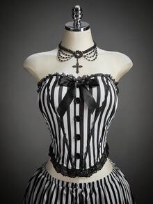 SHEIN ICON 2 件万圣节角色扮演哥特式紧身胸衣黑白服装条纹紧身胸衣上衣和低腰灯笼裤短裤 - 彩色 - 查看 4