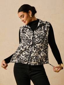 Travachic Chaleco de forro polar con estampado floral bohemio informal con bolsillos para mujer, otoño/invierno, talla grande - Blanco y Negro - Ver 6
