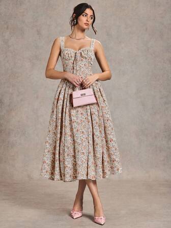 SHEIN X JIMENA & MATEO SHEIN BAE 优雅女士花卉印花无袖连衣裙，适合约会、度假、茶会、夜店和聚会