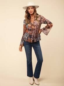 Coeurva 1pc Women's Paisley Print Tie Front Ruffle Trim Summer Blouse - Multicolor - View 2