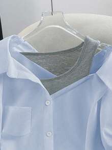 Franclia 女士常规白衬衫，带假吊带，露肩中袖二合一，优雅休闲通勤时尚派对商务百搭 - 藍色 - 查看 3