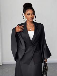 Maweii 大码优雅纯色喇叭袖西装外套 - 黑色 - 查看 4