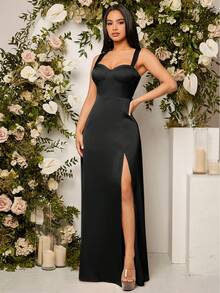 SHEIN Belle Women's Solid Color Side Slit Hem Elegant Spaghetti Strap Bridesmaid Dress (Adult) - Black - View 6