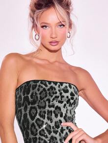 MUSERA 豹纹亮片抹胸迷你连衣裙，适合伊比沙岛、音乐节、夏季、动物系美女、锐舞派对、音乐会、假日、乡村之夜、约会之夜、生日派对、秋季派对等场合。 - 黑色 - 查看 5