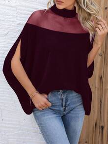 EMERY ROSE Áo cánh rộng hở vai lưới cổ đứng - Màu Đỏ Sâu - Xem 4