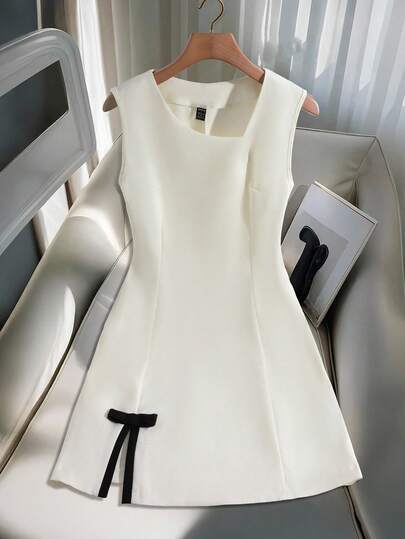 Franclia Vestido mini de mujer con cuello asimétrico, bloqueo de color, parches y lazo con abertura