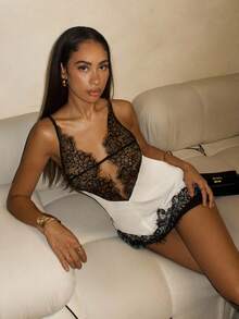 Glamine Women's Sexy Lace Patchwork Elegant Party Camisole, Autumn/Winter See Through Top Lace Top Lace Tank Lacy Top Lace Undershirt - Black and White - View 1