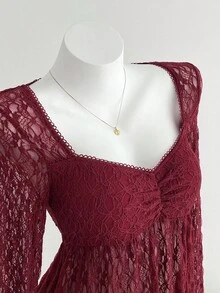 SHEIN Unity Women's Shirt,Burgundy,Summer,Elegant,Dinner Date,V-Neck,Bustier Design,Pleated Chest,Floral Collar Inset,Fitted Silhouette,Flared Cuffs,Long Sleeve - Hot Pink - View 1