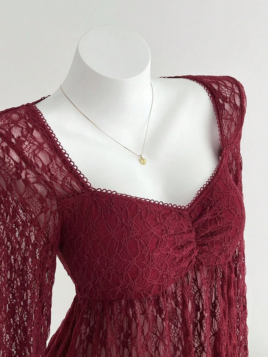 SHEIN Unity Women's Shirt,Burgundy,Summer,Elegant,Dinner Date,V-Neck,Bustier Design,Pleated Chest,Floral Collar Inset,Fitted Silhouette,Flared Cuffs,Long Sleeve - Hot Pink - View 1