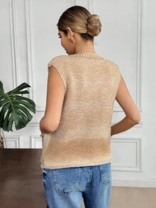SHEIN Frenchy Women's White Autumn Casual Brunch Ombre Metal Single-Breasted Pocket Knit Sweater Vest,Gradient Coarse Sleeveless Cardigan,Retro Elegant Christmas - Multicolor - View 2