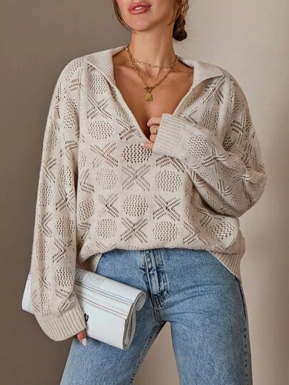 EURMUSE Women Polo Neck Damen Sweater Pullover Womens Sweaters Knitted Cover Up Sweater Top Open Knit Sweater Crochet Sweater Summer Sweaters For Women