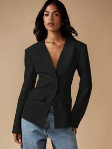 MISSGUIDED Boxy Fit Professional Slim Fit Blazer With Structured Shoulders Deep V Neck Single Button Front Long Sleeve Office Business Formal Wear Fall Winter Collection - Black - View 5