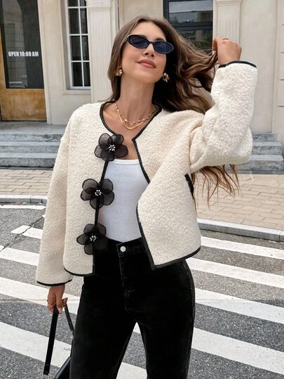 Serisse 女士休闲落肩夹克，3D 花卉装饰，秋冬