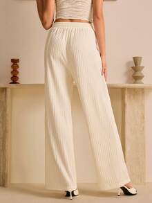 SHEIN Ladiora Women's Elegant High Waist Pleated Loose Straight Leg Pants, Textured Solid Color, Spring/Autumn - Apricot - View 2