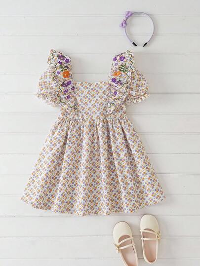 Joliand Joliand 1 件年轻女孩都市优雅彩色刺绣花卉荷叶边装饰宽松连衣裙，适合聚会、郊游、婚礼、派对、夏季