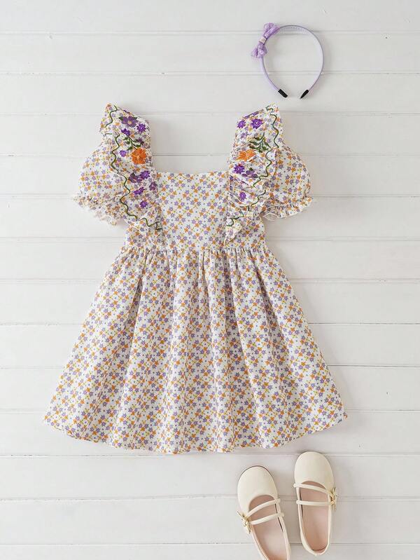 Joliand Joliand 1 pieza Vestido suelto para niñas jóvenes, de estilo urbano y elegante, con colorida decoración de volantes y bordados florales, adecuado para reuniones, salidas, bodas, fiestas, verano