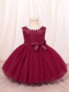 SHEIN Glamorique Kids 圣诞公主女童连衣裙、花童舞会礼服、婚礼派对用酒红色薄纱泡泡袖连衣裙、白色串珠V字背大蝴蝶结公主裙 - 酒紅色 - 查看 2