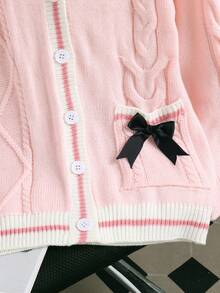 Sparklyn 1 Áo khoác len cardigan cho bé gái, phong cách công chúa ngọt ngào, dệt kim họa tiết, cổ áo tương phản, trang trí nơ đen, cổ chữ V, áo khoác len cardigan tay dài, độ dày thông thường, đa năng, áo khoác len mềm mại và thoải mái, thích hợp mặc hàng ngày, đi học, đi chơi, mùa xuân và mùa thu - Hồng - Xem 5