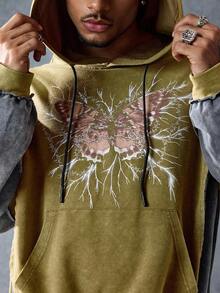 ROMWE MEN Street Life Men's Butterfly Graphic Print Contrast Color Drawstring Pocket Hoodie Sweatshirt - Brown - View 11