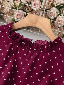 Plus Size Women Frill Trim Round Neck All-Over Print Lantern Sleeve Fashionable Blouse - Burgundy - View 4