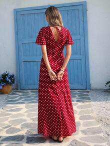 SHEIN VCAY Plus Size Red Polka Dot Maxi Dress: Casual V-Neck Short Sleeve Wrap Dress With Flared Hem - Multicolor - View 2