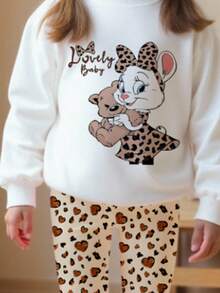 Conjunto de 2 piezas de sudadera de cuello redondo con estampado de conejo y lazo de leopardo, y pantalones acampanados con estampado de corazón de leopardo, para niñas, estilo casual y elegante, para otoño/invierno