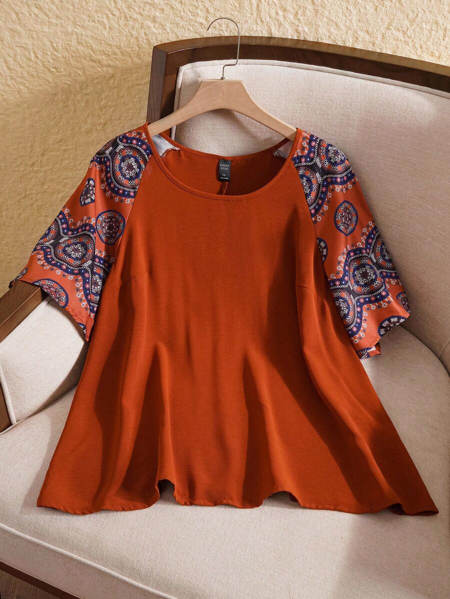 EMERY ROSE Plus Size Round Neck Short Sleeve Casual Blouse,Boho Summer,Western Wear,Vacation, Fall Top - Rust Brown - View 1