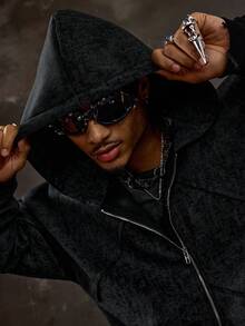 Grunge Punk 男士纯色连帽休闲长袖运动衫，秋季 - 黑色 - 查看 2