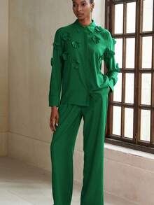 Aveloria Modichic 2 件女士优雅花卉装饰短款夹克和阔腿裤套装，高端外观优雅商务休闲女装 - 綠色 - 查看 1
