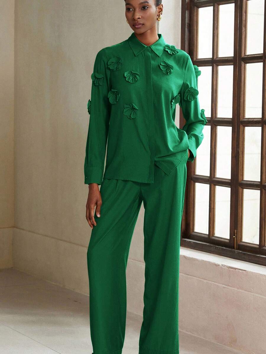 Aveloria Modichic 2 件女士优雅花卉装饰短款夹克和阔腿裤套装，高端外观优雅商务休闲女装 - 綠色 - 查看 1