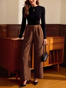 Vintamour Vintage Elegant Women's Pants With Pockets And Belt Corduroy Casual Pants For Work And Vacation For Women For Women For Women For Women For Women Christmas Women's Christmas For Women Saudi National Day Brown Pants New Year Spring - Brown - View 6