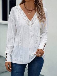 EMERY ROSE New Arrival Lace Trim V-Neck Long Sleeve Loose T-Shirt - White - View 3