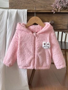 SHEIN Vintaside Kids 1 Áo khoác trùm đầu mùa đông cho bé gái, màu hồng ngọt ngào với họa tiết thỏ 3D ở mặt trước, họa tiết dễ thương, dáng rộng thoải mái, thích hợp cho hoạt động ngoài trời, thường ngày, thể thao - Hồng - Xem 4