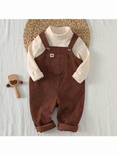 Loomiva 2pcs Baby Boy Solid Color Knit Soft Crew Neck Long Sleeve Pullover Top & Suspender Pants Set