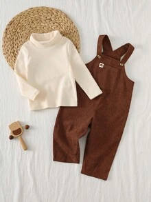 Loomiva 2件套男婴纯色针织柔软圆领长袖套头衫和吊带裤套装 - 杏色 - 查看 6