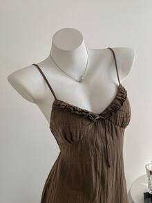 Comfortcana 女士休闲棕色细肩带迷你连衣裙，夏季 - 棕色 - 查看 5