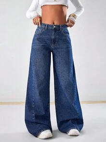 EURMUSE Mid Waist Dark Washed Wide Leg Jeans - Dark Wash - View 6