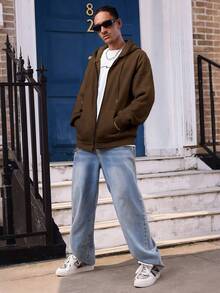 Manfinity Dauomo 男士纯色休闲日常百搭长袖连帽运动衫，秋季 - 棕色 - 查看 6