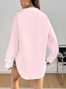 SHEIN LUNE 女士纯色长袖单排扣休闲宽松衬衫 - 淺粉色 - 查看 2