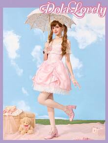 Dola Lovely 女士粉色粗跟方头可爱高跟鞋，蝴蝶结、仿珍珠、蕾丝装饰，浪漫礼物，适合派对、圣诞节、万圣节等场合 - 粉色 - 查看 2