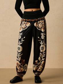 Travachic Plus Size Bohemian Casual Vacation Autumn Retro Print Loose Wide Leg Pants, Women Drawstring Knit Relaxed Trousers