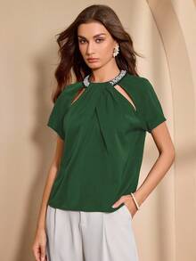 Almamuse Atasan Wanita Elegan dengan Kerah Berhiaskan Manik-Manik - Dark Green - View 4