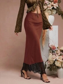 L'Amorae 纯色缎面蕾丝下摆细节低腰中长裙 - 鏽棕色 - 查看 4