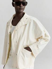 Ontre 都市时尚风格女式夹克，白色，立领，长袖，轻薄面料，初秋装，户外装，休闲装，宽松版型，真口袋，日常穿着 - 白色 - 查看 6