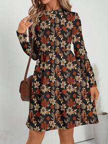 EMERY ROSE Casual Elegant Autumn Tone Red-Brown Fallen Leaves Full Print Pattern Women's Dress, Suitable For Autumn/Winter - Multicolor - View 4