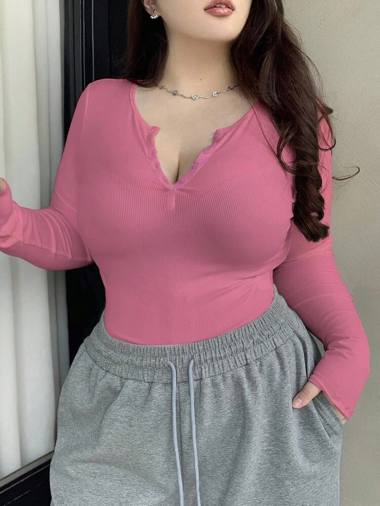 Dazy Plus Valentine Plus Size Women's Solid Color Button Half Placket Long Sleeve T-Shirt,Fall Clothes